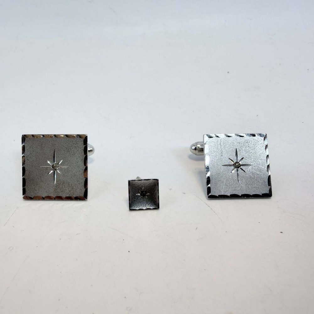Anson Sterling Silver Cufflinks Tie Tack Set Vintage Mid Century Starburst Stone